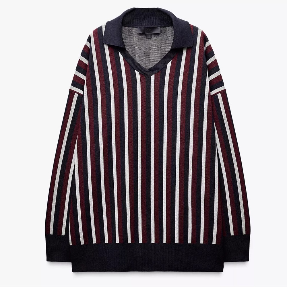 ZARA Striped Knit Polo Sweater L
